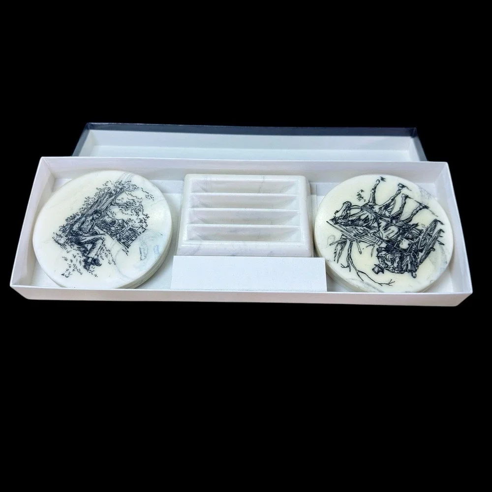 Abraham Lincoln Marble Stone Coasters Set Stand Engraved Life Of Lincoln Vintage